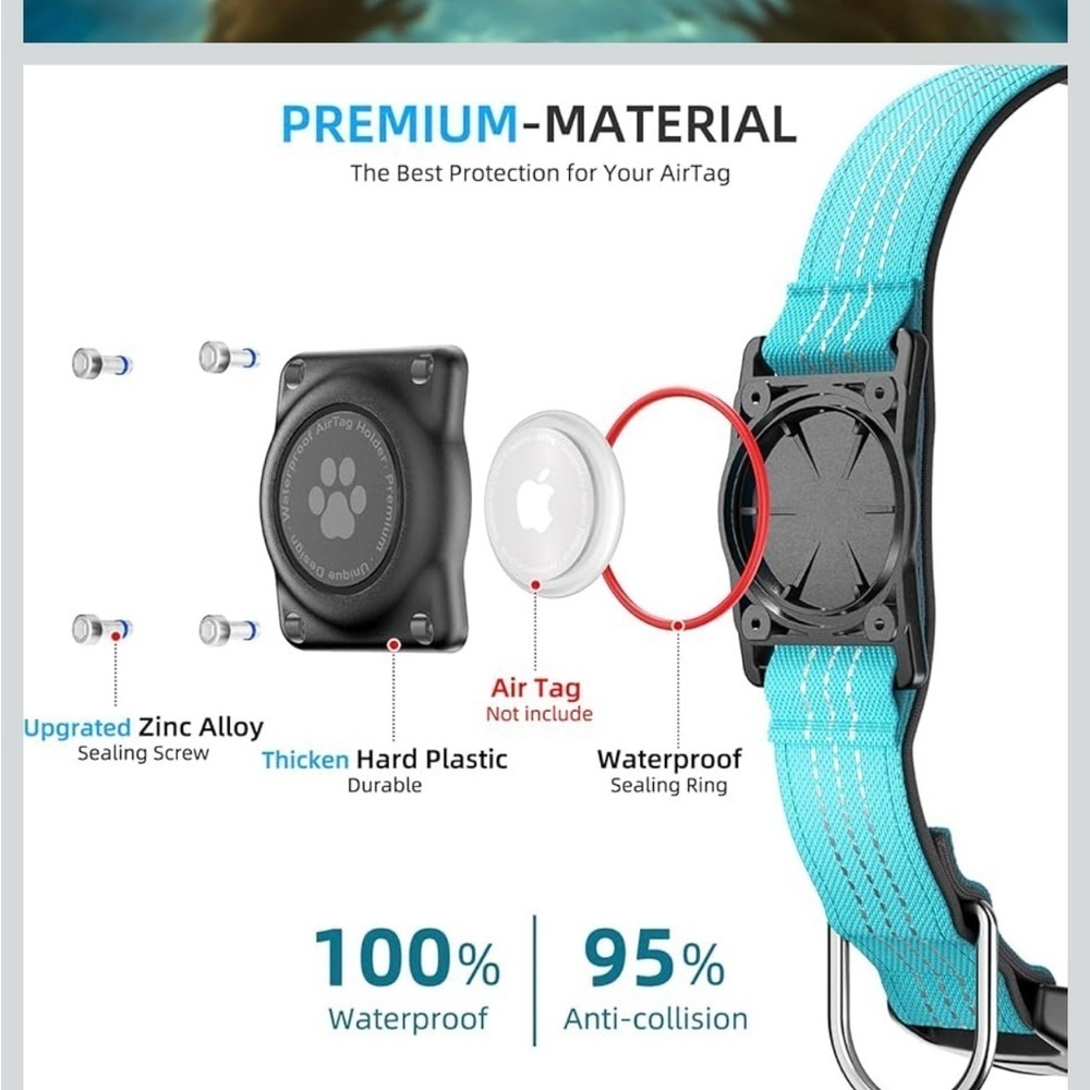 NWT AirTag Dog Collar, IP68 Waterproof Air Tag Holder, Reflective, blue color - Picture 2 of 6
